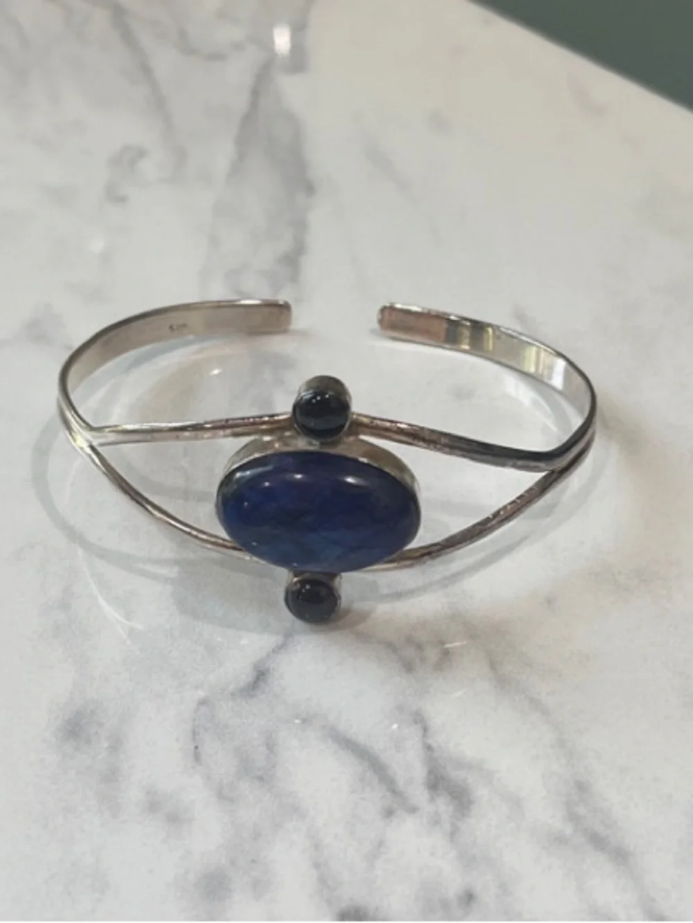 Sterling Silver Cuff Bracelet with Blue/Purple Oval  Moonstone and Garnet Accent